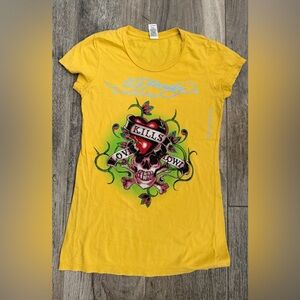 Ed Hardy Vibrant Yellow Y2K 2000 Rhinestone Tee with Skull and Heart Design